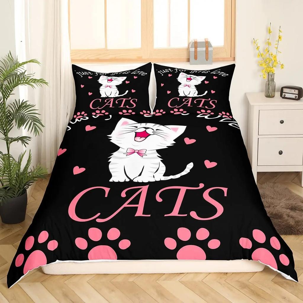 Blue Cartoon Cat Paw Print Duvet Cover For Children Boys And Girls Duvet Cover Cute Pet Cat For Bedroom Decorations Queen King