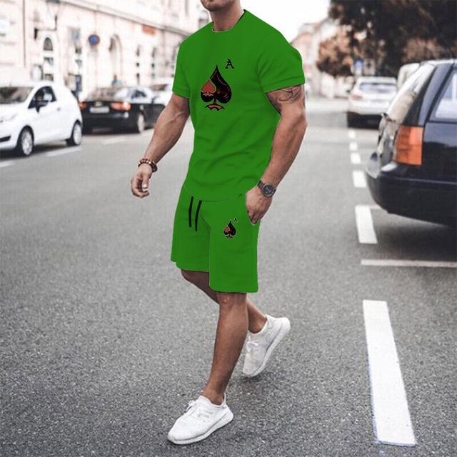 Nová sada pánských šortek a trička Oblečení s krátkým rukávem Grafické potisky Poker O Neck Bílý 3D tisk Outdoorové oblečení na ulici 2ks