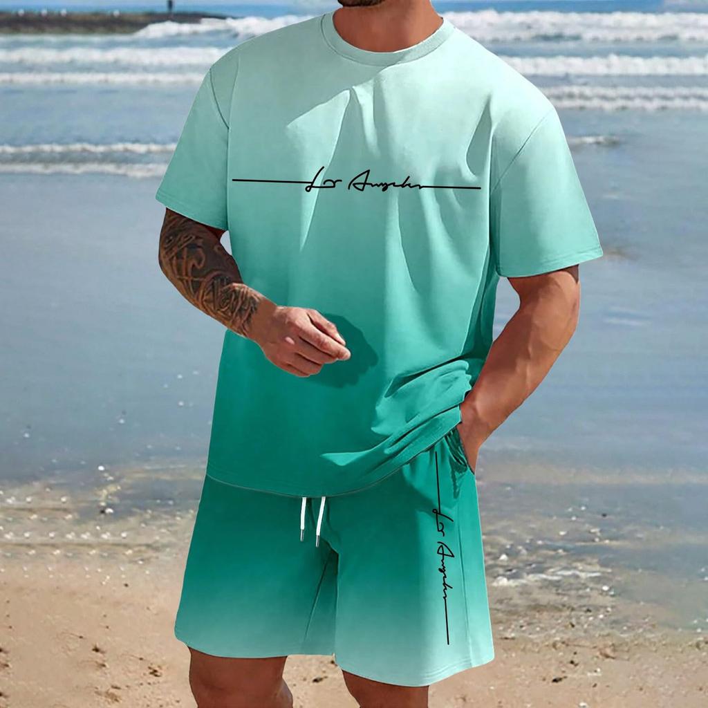 Men'S Solid Color Casual Round Neck Short Sleeved Shorts Two-Piece Set