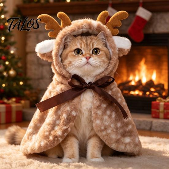 Cozy Pet Cape Christmas Deer Cat Cape, Fuzzy Spotted Puppy Cloak with Antlers, Plush Antler for Dogs Cute Cosplay Cats Small Winter Holiday