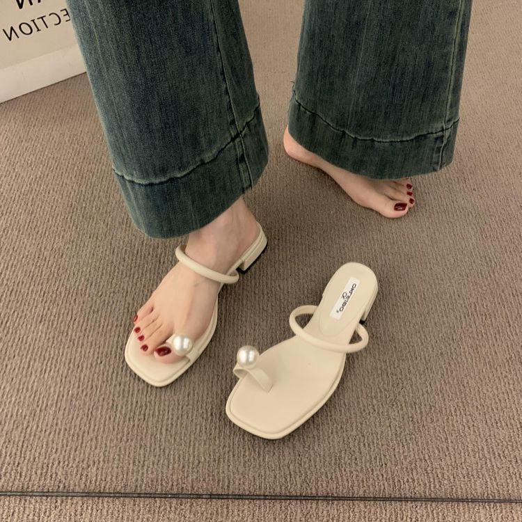 Retro Versatile Pearl Set Toe with Low Heel Evening Slippers Women's Summer Wear 2025 New Sandals Sandals