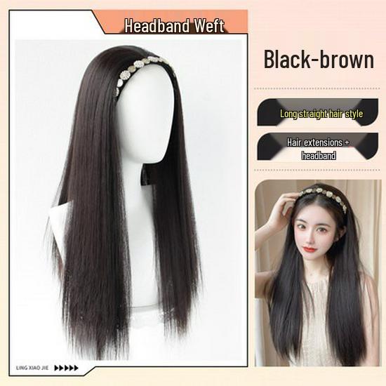 Women's Retro Rhinestone Headband Wig with Long Straight Hair, U-Shaped Half Head Cover