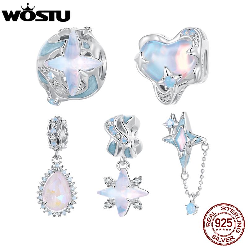 WOSTU Original 925 Silver Space Starry Sky Series Star Charms Blue Heart Beads Rainbow Drop Pendant Fit DIY Bracelet Necklace
