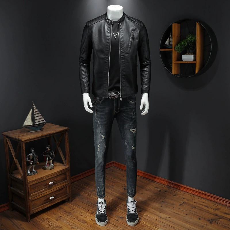 Autumn Plus Collar Leather Jacket for Men, Trendy Slim Fit Men's Casual Motorcycle Suit Leather Jacket