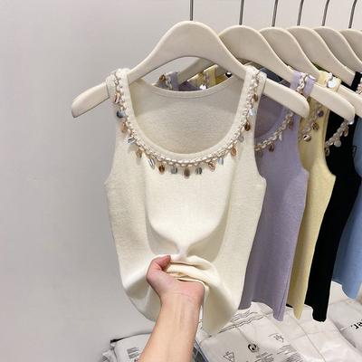 Chic French Beaded Camisole Tops Women Summer Slim Fit Fashion Outwear