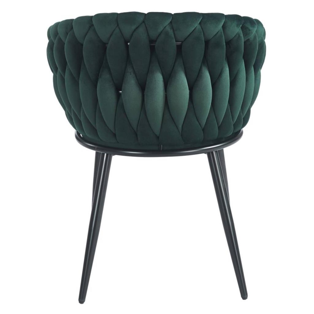 Dark green velvet chair with interwoven backrest and black legs Furnitex