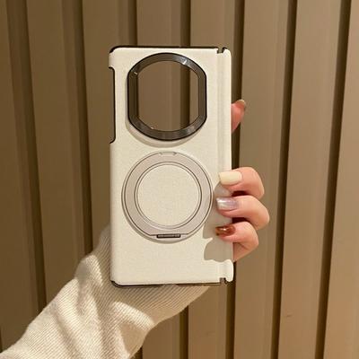 For Huawei Mate X7 Case Plain Leather Magsafe Magnetic Double Hinge Protection Metal 360° Rotating Ring Holder Protect Cover