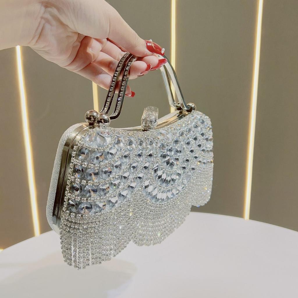 Rhinestone Tassel Evening Clutch with Metal Handle, Sparkly Party Handbag for Women