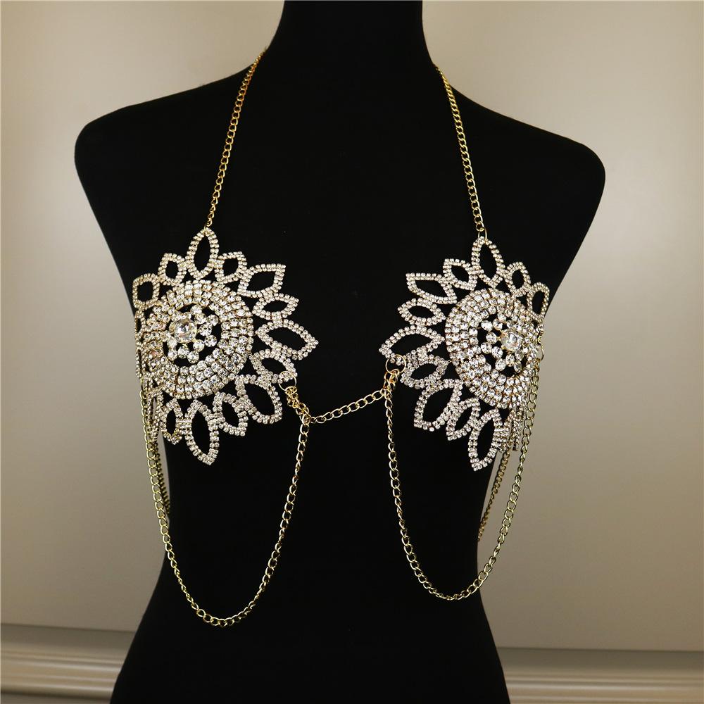 European And American Sexy Sunflower Rhinestone Body Chain, Personalized Nightclub Diamond-Encrusted Bra Thong Set Accessories