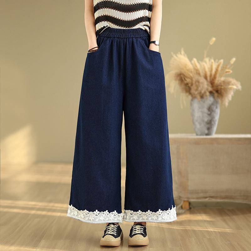 DIMANAF 2025 Summer Jeans Women Elastic Basic Long Pants Lace Denim Loose Wide Leg Pants Casual Blue Plus Size Pants