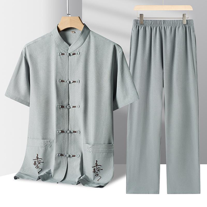 Men's Chinese Style Cotton Linen Short-Sleeved Tang Suit Set for Middle-Aged and Elderly