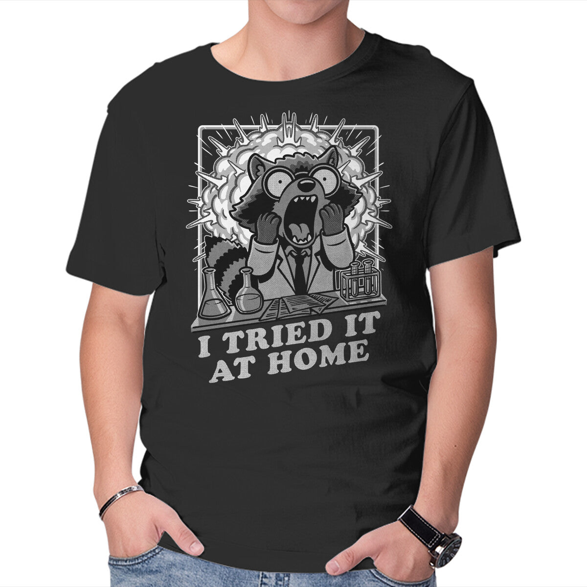 Unisex Crew Neck T-Shirt Raccoon Science Experiment At Home Graphic Short Sleeve Casual Tee M