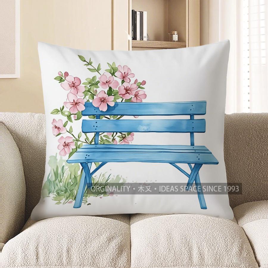 Home Decor Blue Bench With Pink Flowers Throw Pillow Pattern Cushion Cover Suitable For Sofa Bedroom Car Pillow Cover