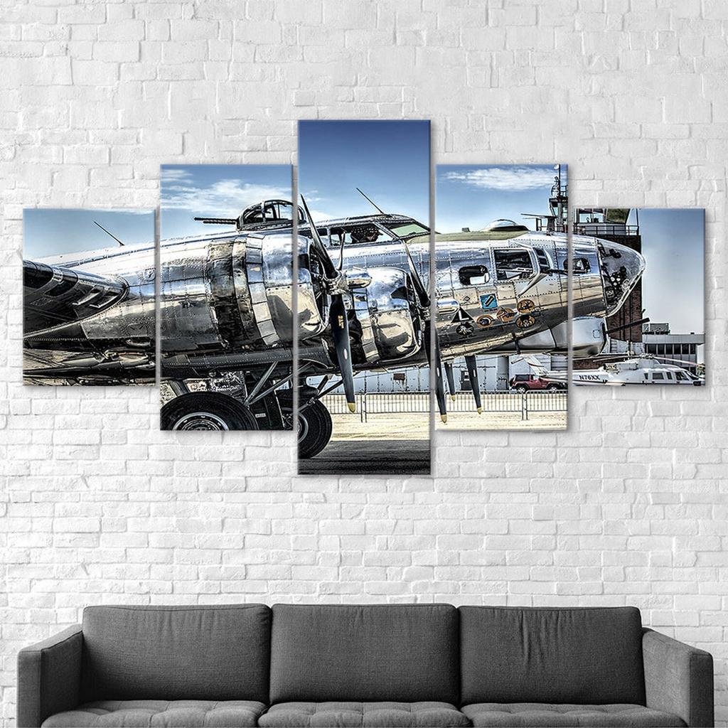 Old Plane Silver Color Aircraft 5 Piece Five Panel Wall Canvas Print Modern Art Poster Picture Home Decor Gift For Him For Her