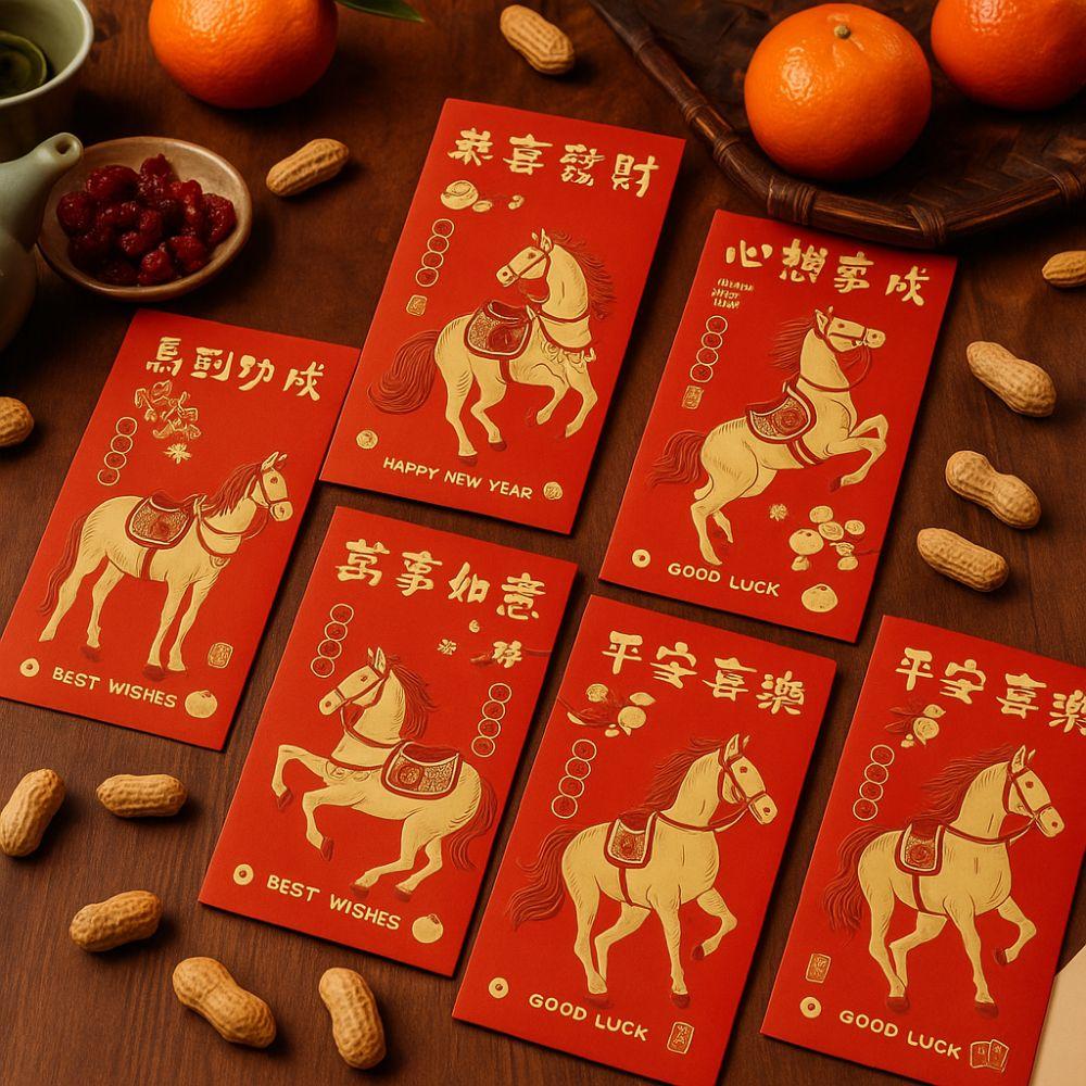6pcs Gift Envelope Gold Stamping 2026 New Year Red Envelope Blessing Traditional Lucky Red Pocket Paper Gift Bags Birthday Gift
