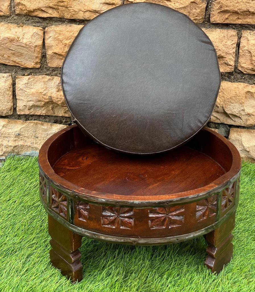 Wood Carved Sitting cushion Chakki Grinder Table- Furniture with cushion-Footstool Leather Cushion-Home Decor Style Carved Ottoman Low Stool