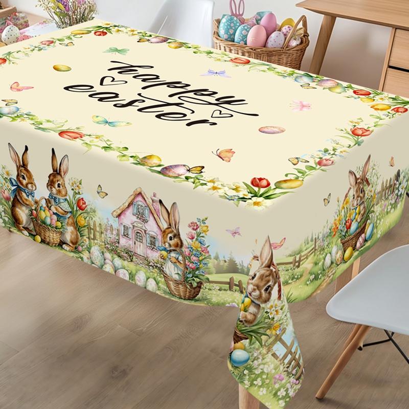 Vintage Easter Bunny Eggs Tablecloths Holiday Party Decor Spring Floral Rectangle/Round Table Cover Easter Decorations for Home