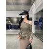 Kumikumi Idle Style Stripes Oblique Shoulder Long Sleeves T-shirt Female Fall Slim Fit Inner Wear Sling Dress Two-piece Set