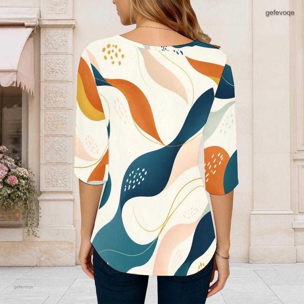 Women Plus Size Round Neck Half Sleeve Printed T Shirt Curved Hem