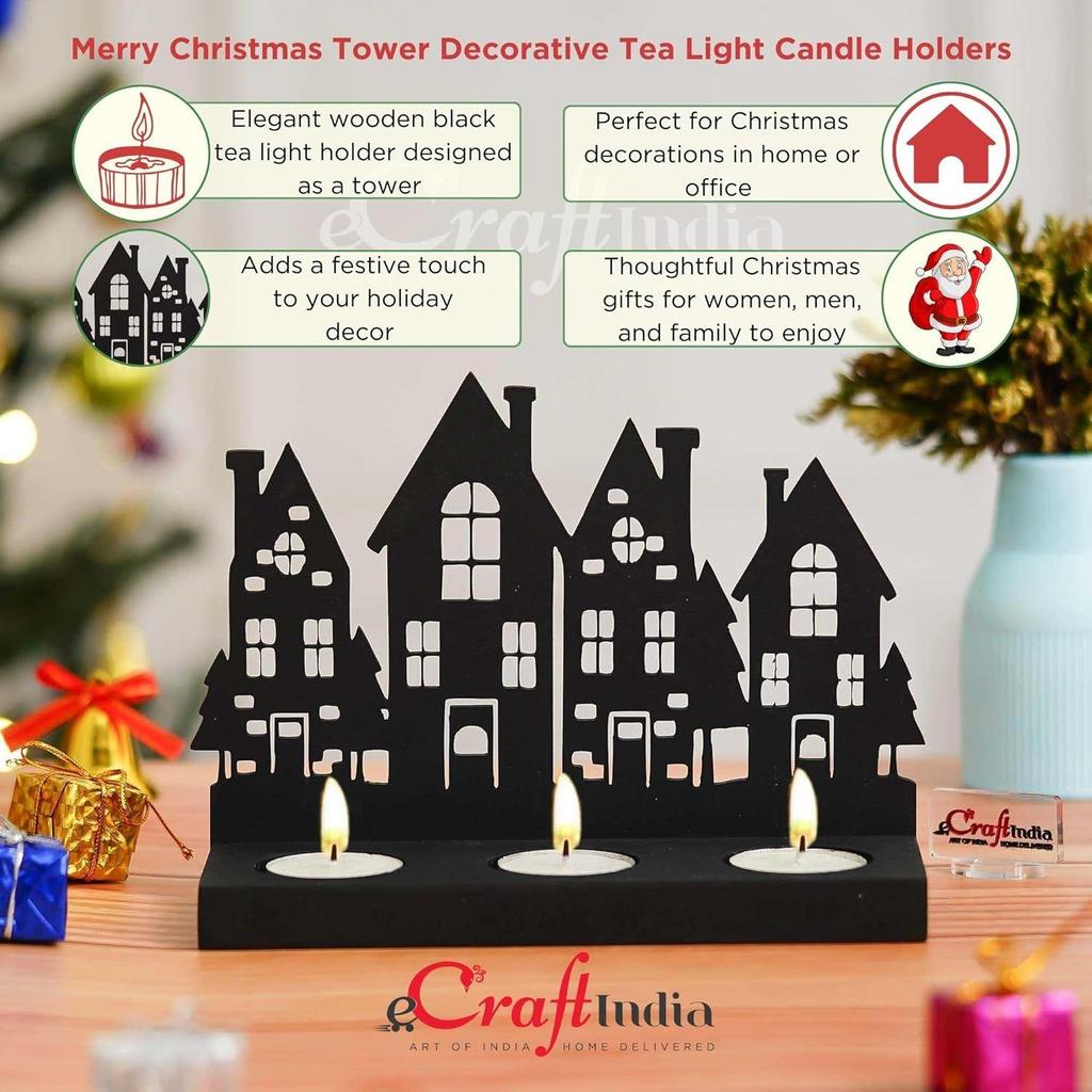 Merry Christmas Tower Decorative Tea Light Candle Holders (Wooden Black) | Decoration Items for Home, Living Room, Office