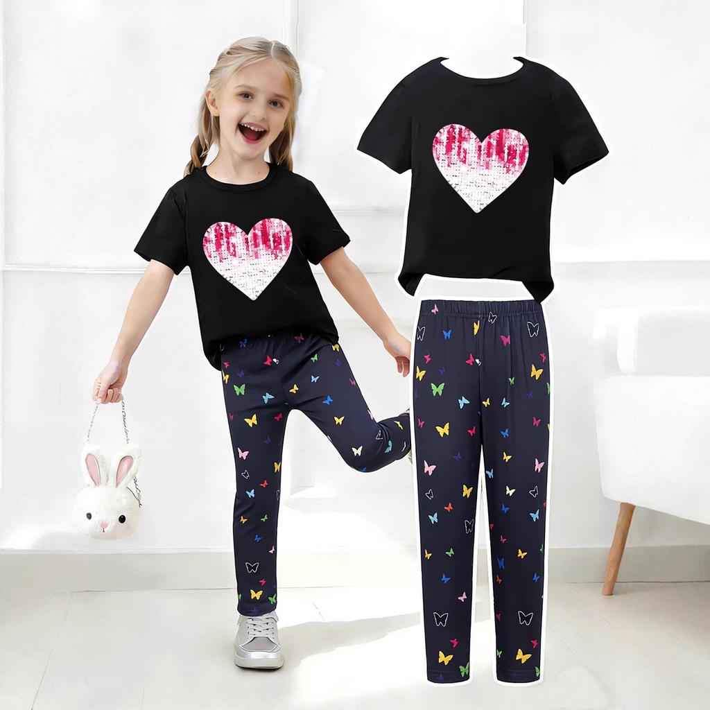 Girls' Summer Casual Short-Sleeve Long Pants Set - European & American Print