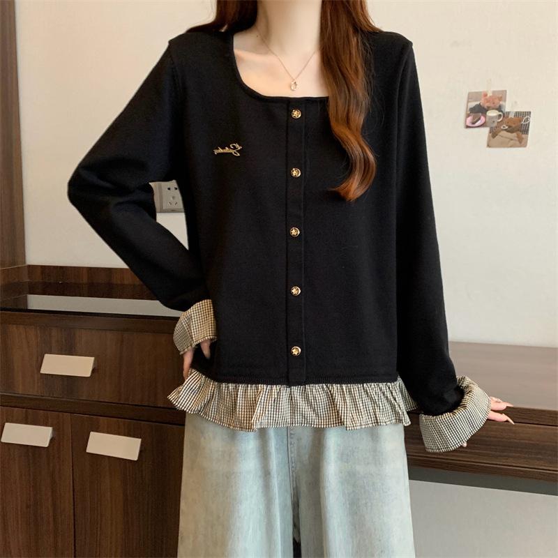 

Fake two square collar shoulder women s large size fat mm feeling small fragrant wind horn sleeve top xxxs【suitable for 30kg loli】 чорний