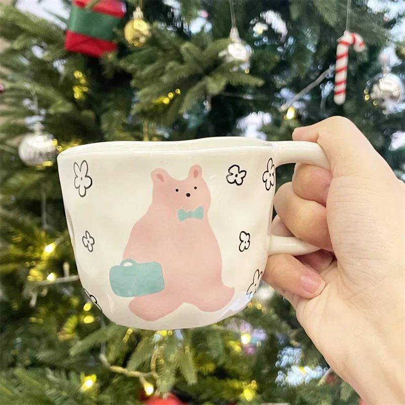 250ml Hand Pinched Irregular Coffee Mugs with Handle Cute Bear Pattern Breakfast Milk Oatmeal Tea Cup Handmade Water Cups Gifts