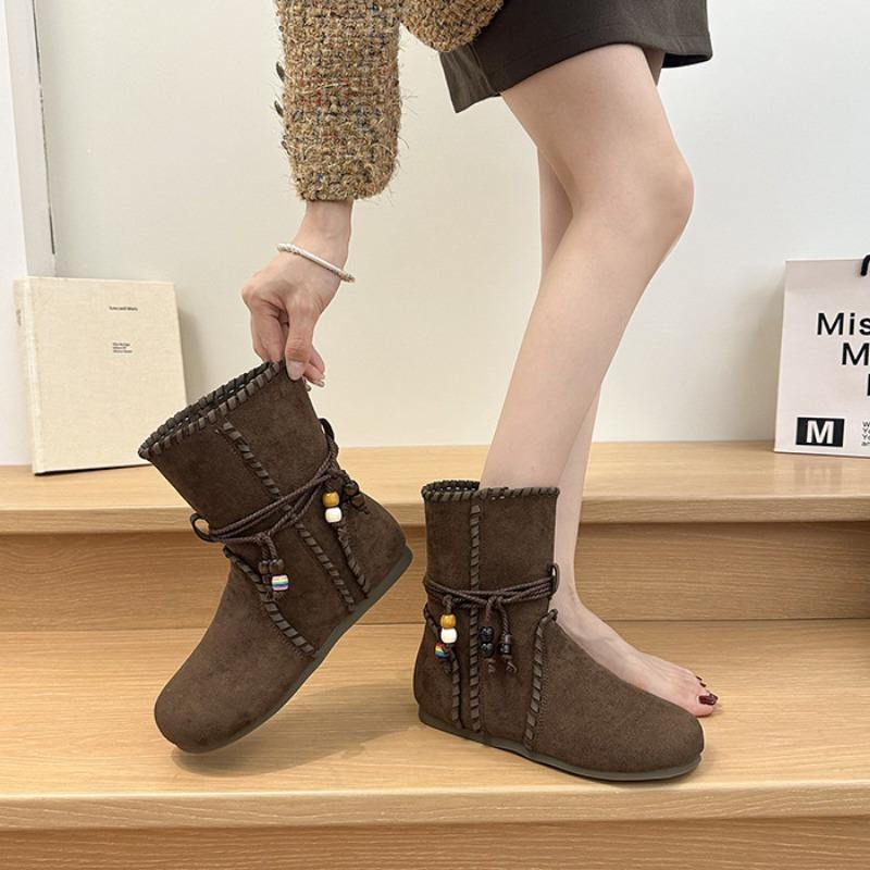 Short Boots Children's Autumn New Retro Flat Bottom Beaded Strap Short Boots Soft Bottom Fashion Matte Martin Boots