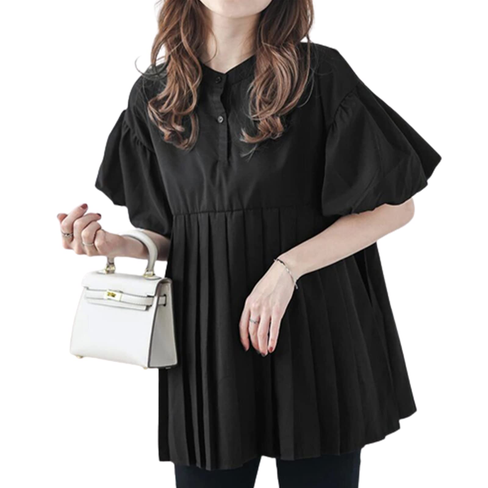 

Мем Экстра Блузка для Короткий Пышный Плиссированный Летний Крой и Шитье Большой Свободный Круглый Корпус L [MEME XTRA] Женщины, Рукав, Лето, Рукав, Рубашка, Одежда, Милый, чёрный