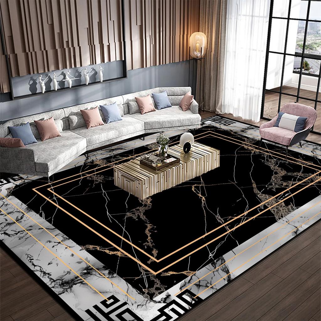 Light Luxury Marble Style Carpet Living Room Non-slip Black White Decoration Home Sofa Table Floor Mat Rugs for Bedroom Washable