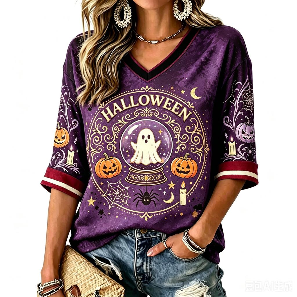 Women's V-Neck Halloween Print T-Shirt Casual Short Sleeve Top for Holiday Party