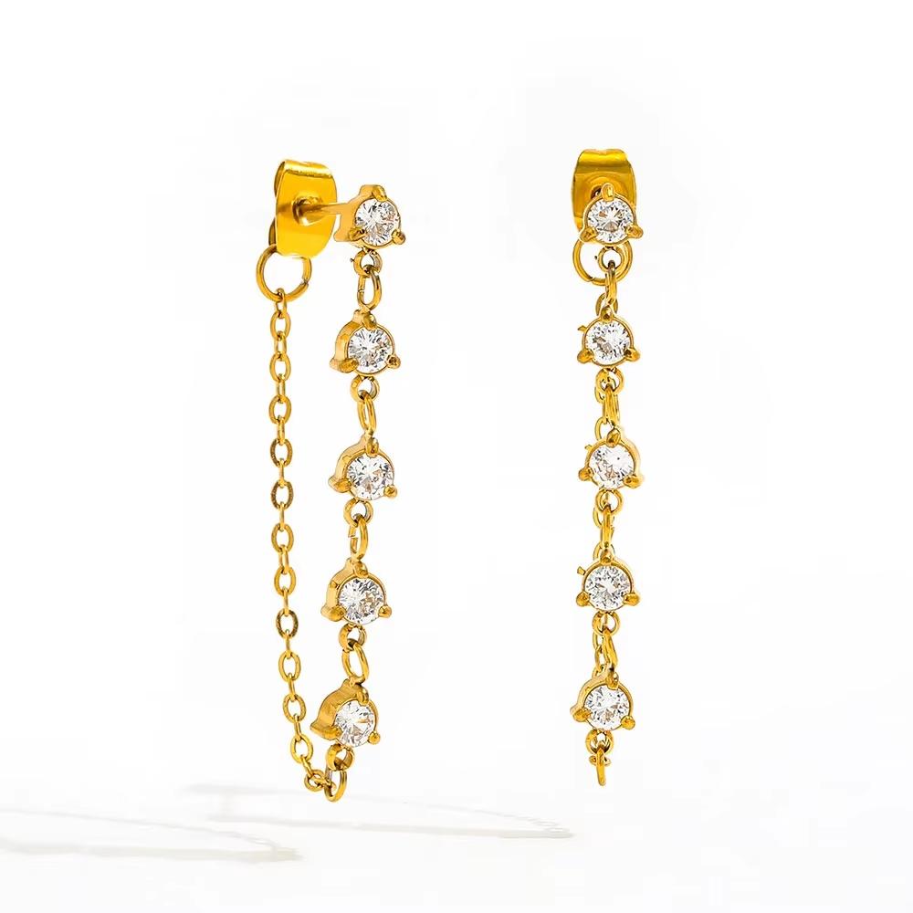 Fenny 18K Gold-plated No Fade Fashion Clear&Green Zirconia Tassel Chain Hoop Earring Trend for Women Ladies Jewelry