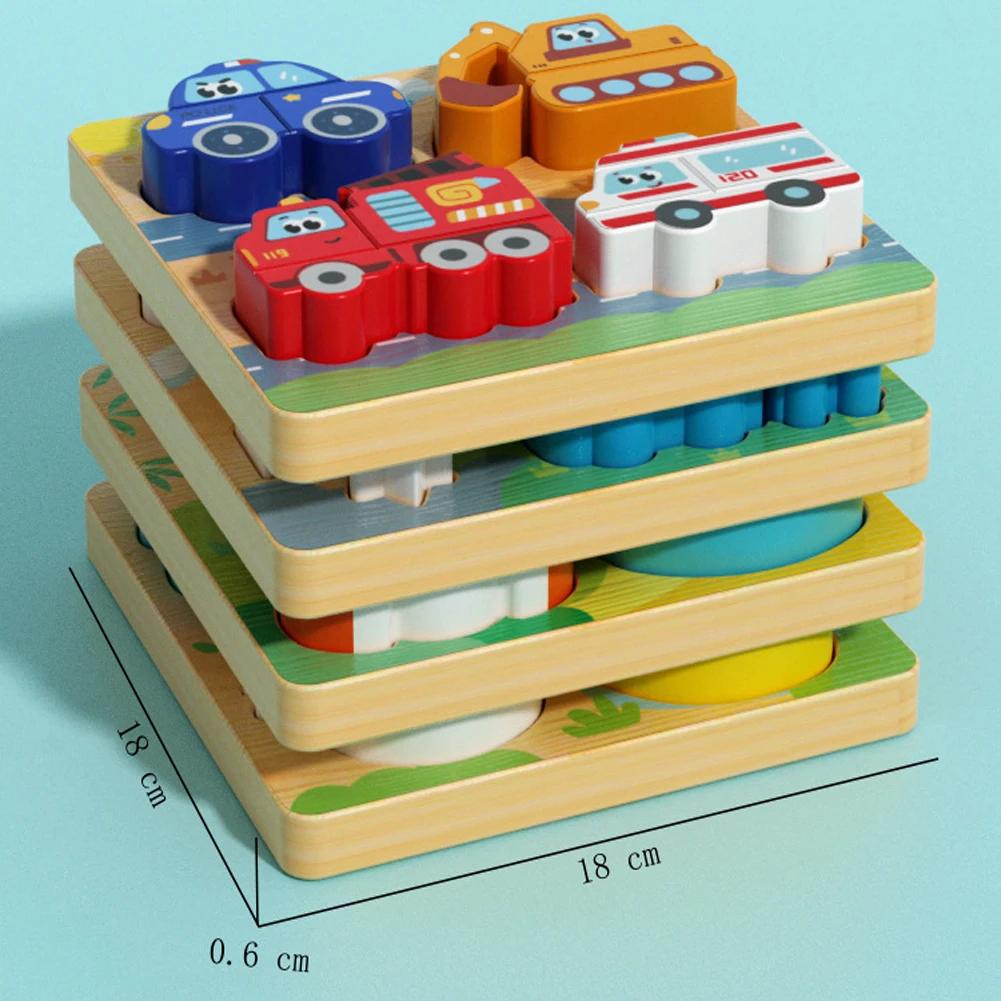 4-In-1 Wooden Toys 3D Wood Puzzle Cartoon Animals Cognitive Jigsaw Puzzle Early Learning Educational Toys for Children Gift