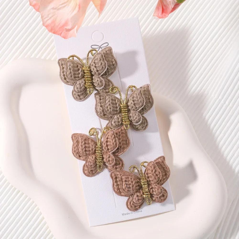 4Pcs/Set New Cute Baby Girls Wool Knitting Headwear Handmade Crochet Butterfly Alloy Hairs Clips Children Hairpins Quality