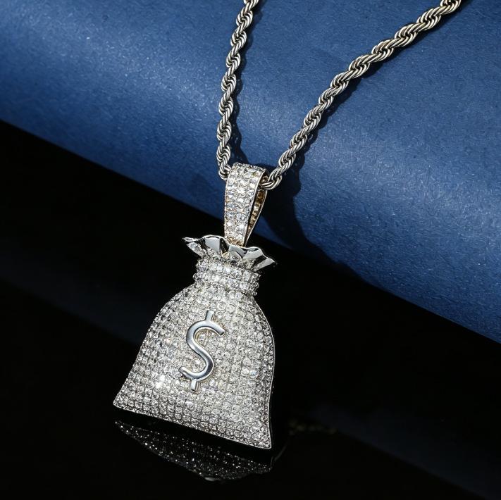 Hip Hop, Full Diamond Money Bag Personalized Dollar $Symbol Pendant Copper Inlaid Zircon Twist Chain Necklace Personalized Accessories