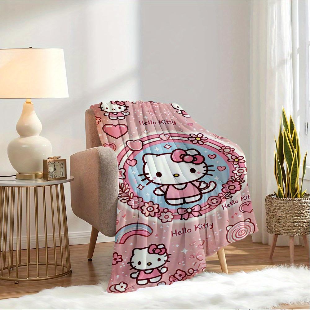 For Hello Kitty, Cute, PinkAnime-Themed Flannel Blanket, Glam Style, Digital Print, All-Season Comfort, Tear-Resistant, Knitted Craftsmanshi