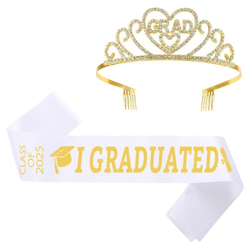 2025 Women s Graduation Crown and Sash Set Unisex Graduation Etiquette Belts for Graduation Weddings