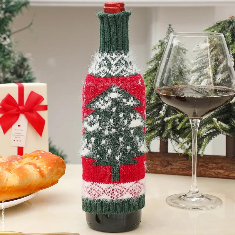 Cute Knitted Wine Bottle Cover Christmas Table Decoration Cartoon Santa Claus Snowman Pattern Red Wine Bottle Decor Xmas Gift