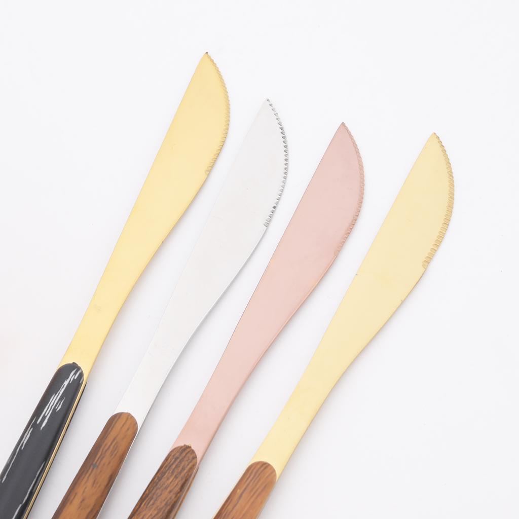 24 ks Černozlatá sada příborů s dřevěnou rukojetí Nerezová sada nádobí Nůž Vidlička Kávová Malé lžičky Stolní nádobí Kuchyňské Stříbrné nádobí