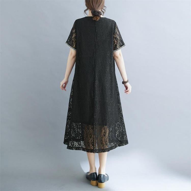 New Summer Loose Long Dress Vintage Floral Lace Casual Basic Dress for Women Plus Size