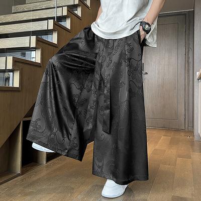 2025 Été Homme Pantalon Jambe Large Soie Glacée Homme Jacquard Ample Pantalon Noir Homme Streetwear Vintage Pantalon Harajuku Jupe Samouraï