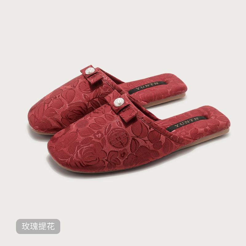 Fashion Fashion String Bead Bow Decoration Slippers Women Elegant Round Toe Rose Totem Designer Shoes Comfort Lightweight Home Slippers