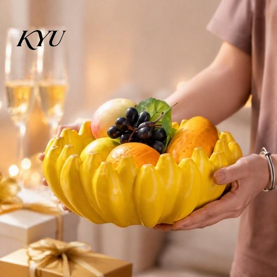 Kitchen Island Accessory Ceramic Banana Fruit Bowl, Creative Yellow Tray, Decorative Bread Serving Platter Salad Bowl for Dining Table Countertop