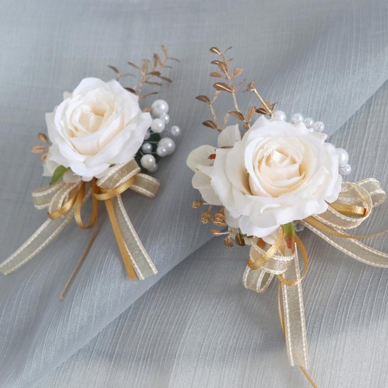 Pack of 6 Silk Rose Flower Brooch/Bracelets Elegant Bridal Jewelry Stylish Wedding Party Accessories for Bridesmaids