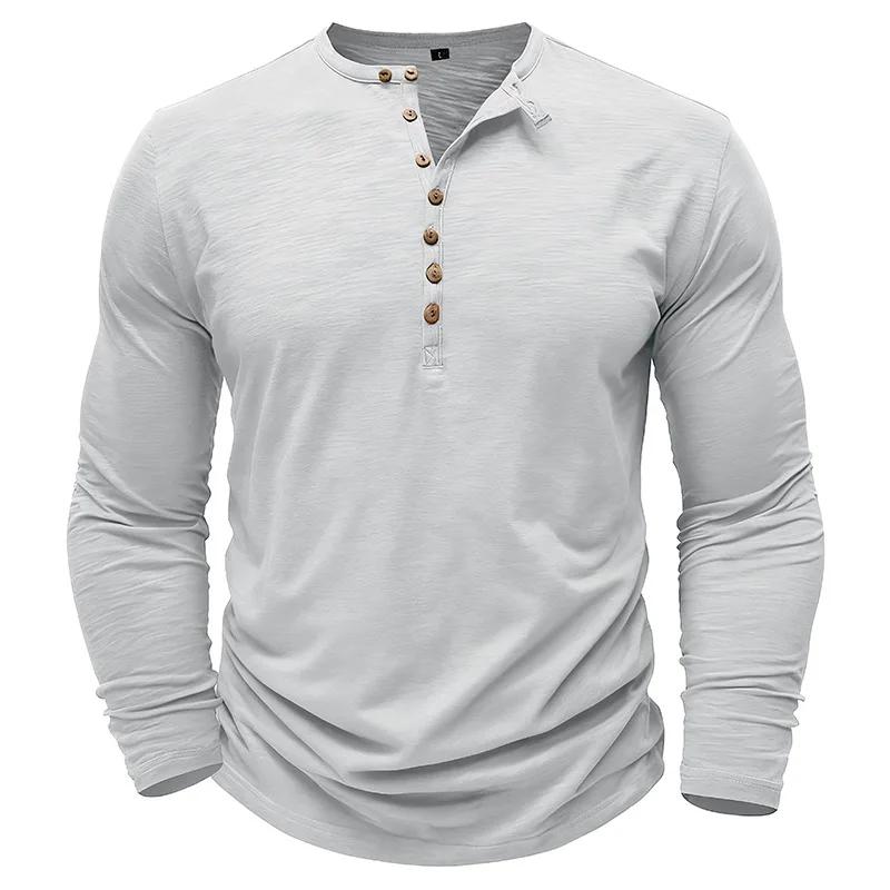 Mens Henley Collar Long Sleeve T-Shirts Solid Color Loose Fit Button Front Casual Daily Tshirts