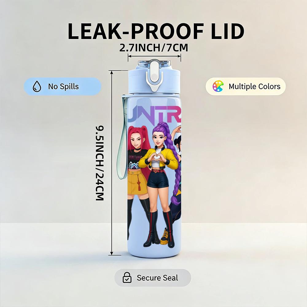 1PC Hunrix Girl Character Group Graphic,750ml Color Plastic Sports Water Bottle,Leakproof Flip Straw Lid,Suitable for Sports Office Home Use