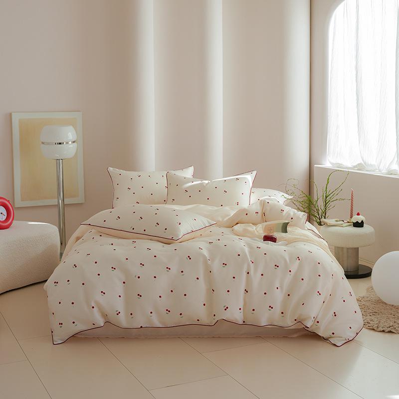 

Spring/Summer 60s Tencel Embroidered 4-Piece Cherry Double-Sided Cool Silk Bedding Set 1.2m Bed Sheet 3-Piece Set вишня/белый