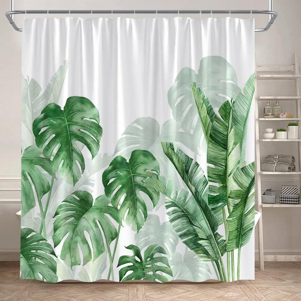 Leaves Shower Curtain Green PTropical alm Leaf Monstera Plant Bath Curtains Set Polyester Fabric Home Bathroom Decor with Hooks