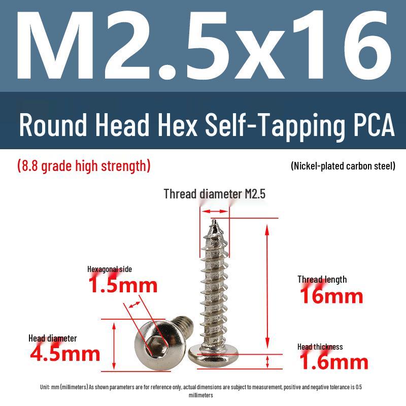 8.8 Grade Round Head Hex Socket Self-Tapping Screws M2-M4 Carbon Steel Bolts