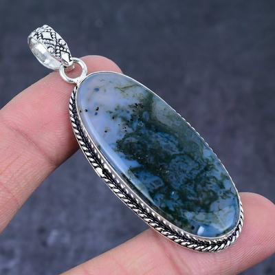 Natural Moss Agate Gemstone Handmade 925 Sterling Silver Pendant 2.64" U4g03